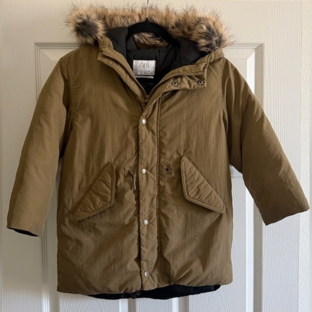 Zara Kids Olive Puffer Jacket with Faux Fur Hood